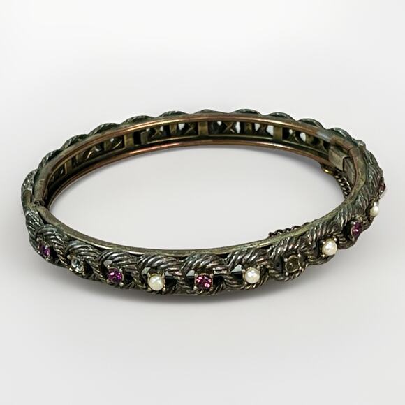 VTG Victorian Revival Hinged Bangle Amethyst Seed Pearls Safety Chain - Picture 1 of 16